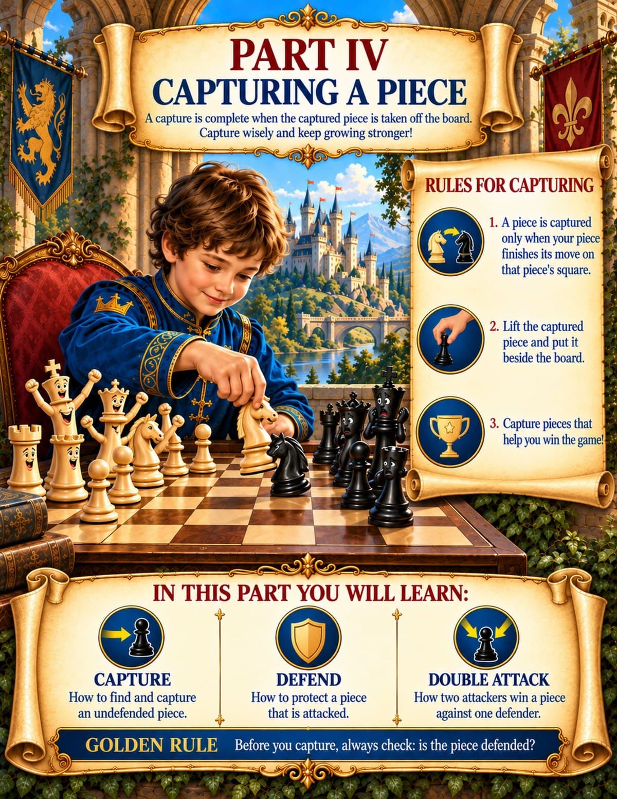 Part IV opening page: the Chess Kingdom illustration and the three rules for capturing