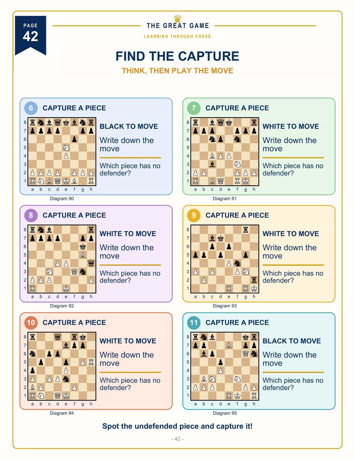 Six exercises: find the capture, with space for the child to write the move
