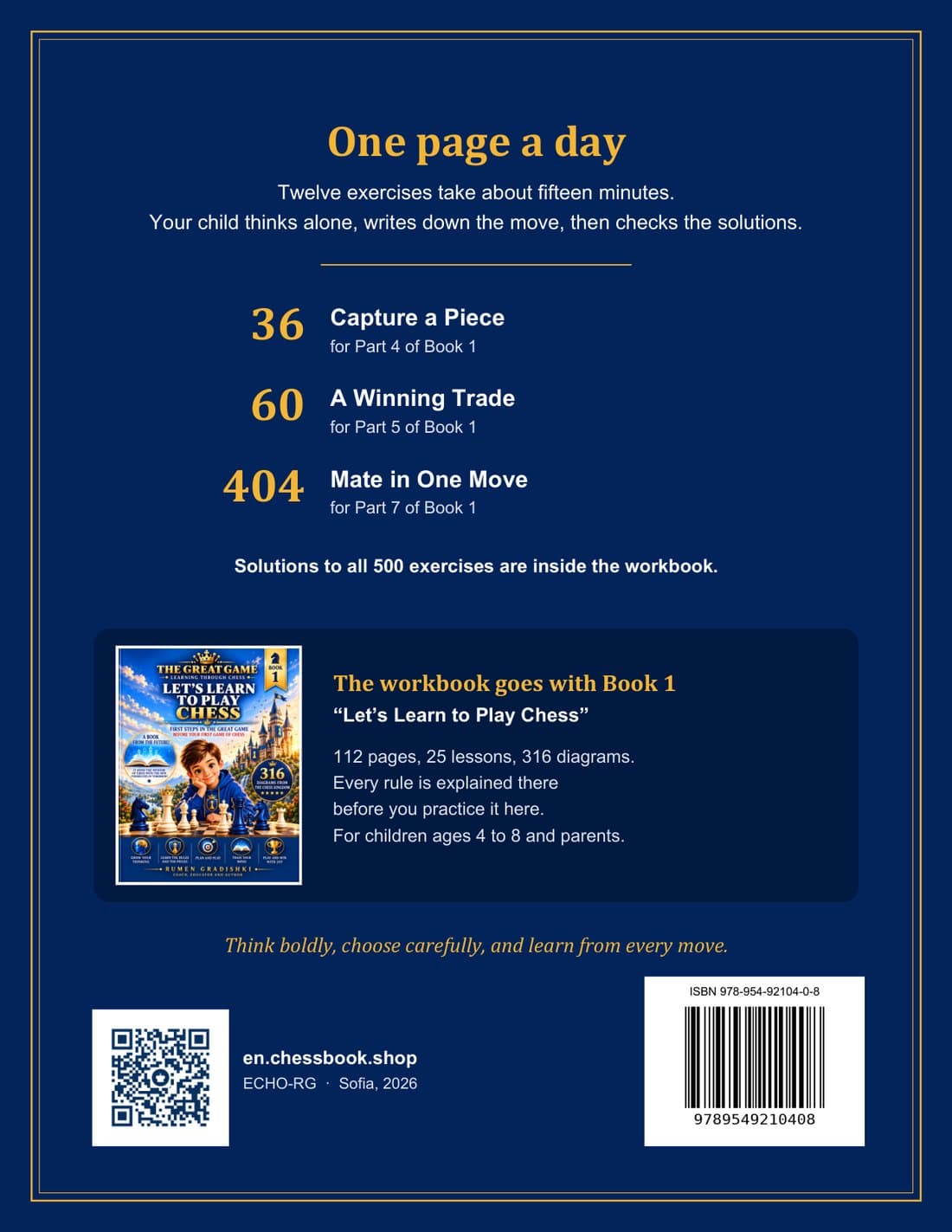 Back cover of Workbook 1: one page a day, the three sections, and Book 1
